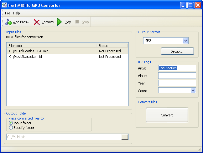 Screenshot vom Programm: Fast MIDI to MP3 Converter